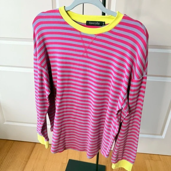 Sweater top, Pink & Purple Striped with Yellow Trim, SOFT with Stretch, Size XL - Picture 4 of 10